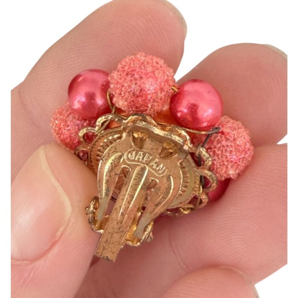 VTG JAPAN Necklace Earrings Set 4-Strand Pink Orange Sugar Bead Clip-On - Picture 8 of 10